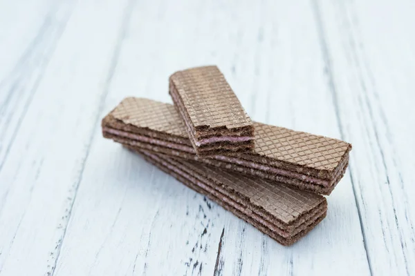 Strawberry Flavor Wafer Blocks White Wood Background — Stock Photo, Image