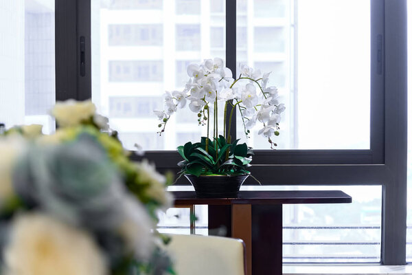 Белая искусственная орхидея на столе возле стеклянного окна
