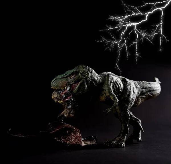 tyrannosaurus with a dinosaur body nearby on dark background