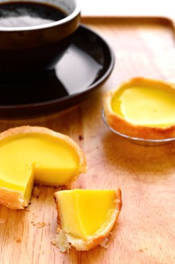 Bir çeyreklik kesilmiş taze yumurtalı tartlar ve arkasında bir fincan kahve.