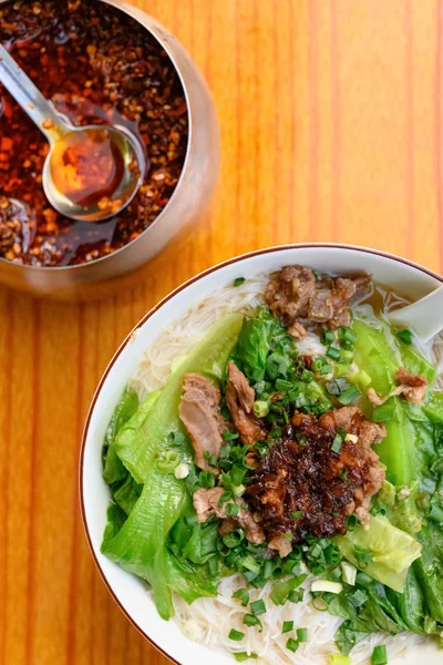 Top View Bowl Rice Noodles Braised Veal Cheeks Cabbage Bowl — Stock Photo, Image