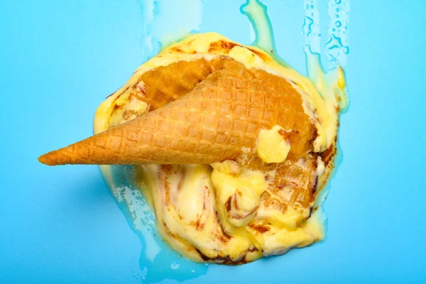 Top View Blueberry Cheese Flavor Ice Cream Cone Melted Blue — Stock Photo, Image
