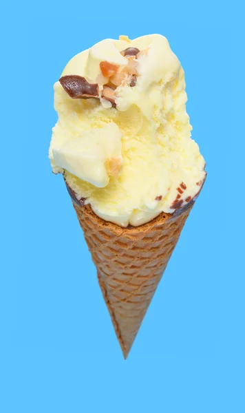 Angle View Fresh Pineapple Ice Cream Cone Couple Bites Blue — Stock Photo, Image