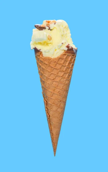 Side View Fresh Pineapple Ice Cream Cone Couple Bites Blue — Stock Photo, Image