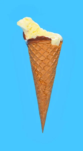 Side View Fresh Pineapple Ice Cream Cone Couple Bites Blue — Stock Photo, Image