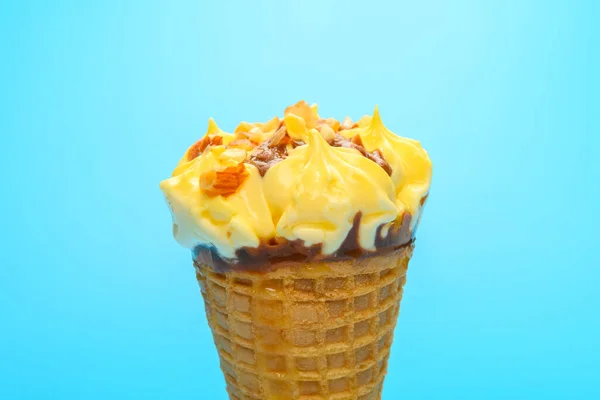 Blueberry Cheese Flavor Ice Cream Cone Starts Melting Blue Background — Stock Photo, Image