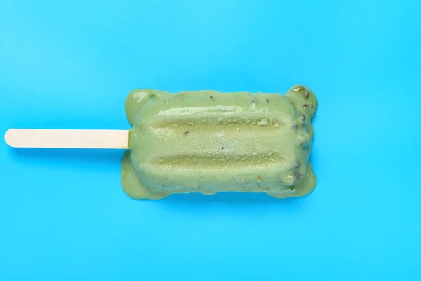 Top View Mung Bean Popsicle Starts Melting Blue Background — Stock Photo, Image