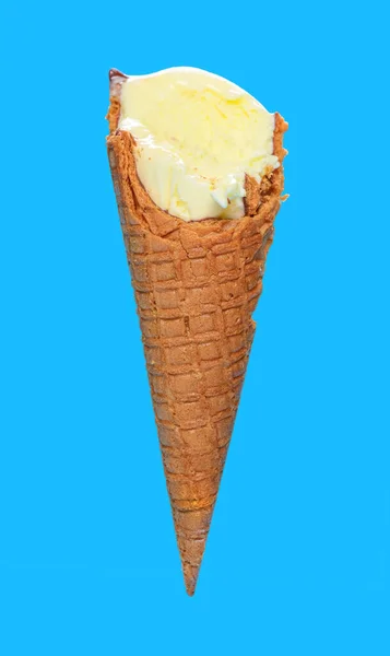 Side View Vanilla Flaovr Ice Cream Cone Couple Bites Blue — Stock Photo, Image