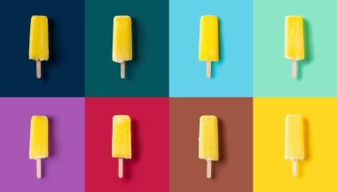 Koyu mavi arkaplanda çok renkli sarı buzlu şeker.