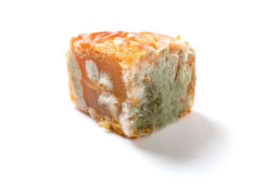 Beyaz arka planda kesilmiş küflü ay pastası