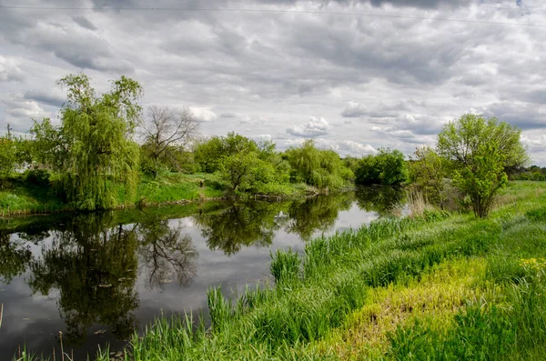 Paisaje Verano Pradera Cielo Ante Lluvia Junto Río — Foto de Stock