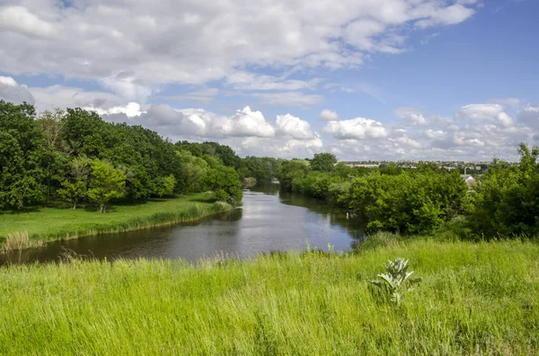 Paisaje Verano Pradera Cielo Ante Lluvia Junto Río — Foto de Stock