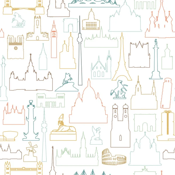 Seamless Pattern Silhouettes Travel World Landmarks — Stock Vector