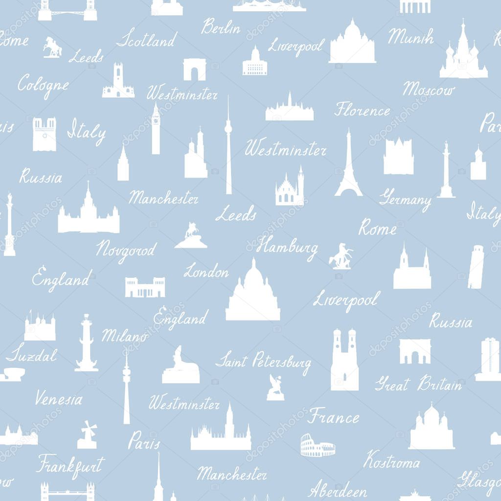 seamless pattern with silhouettes of travel world landmarks