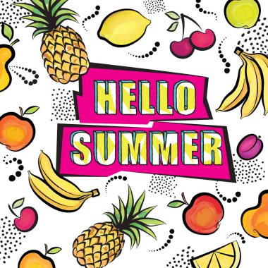 Merhaba yaz kartı arka plan 80'lerin pop sanat yazı desenle noktalı tropikal fuit kümesi boyalı üzerinde stil