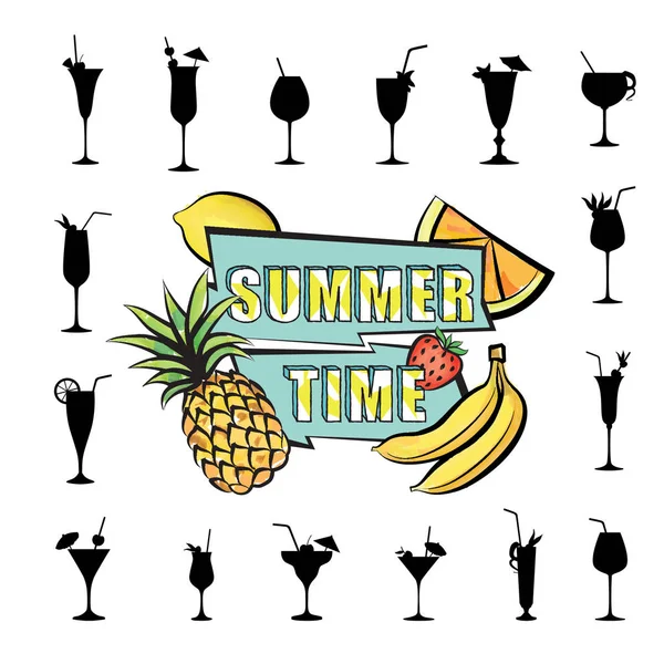 Sommerparty Karte Hintergrund Mit Tropischen Früchten Und Cocktailgläsern Set — Stockvektor