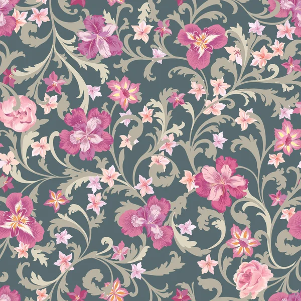 Padrão Sem Emenda Botânico Vintage Floral Com Flores Roxas Fundo — Vetor de Stock