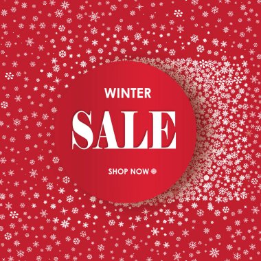 Kış satış afiş yazı ile alışveriş. Kar çerçeve arka plan. Kırmızı Festival arka plan üzerinde kar taneleri ile tatil satış