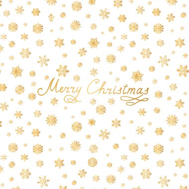 Neşeli Noel tebrik kartı tasarımı. Altın kar tanesi desenle kar