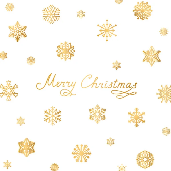 Merry Christmas Greeting Card Design Snow Pattern Golden Snowflakes White — Stock Vector