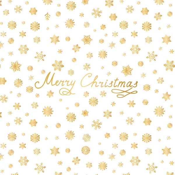 Merry Christmas Greeting Card Design Snow Pattern Golden Snowflakes — Stock Vector