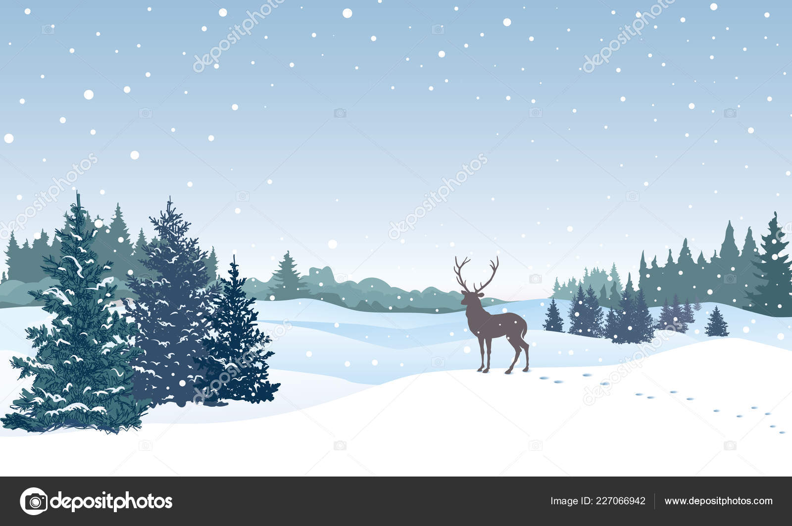 Christmas Background Snow Winter Landscape Deer Retro Merry Christmas Snowy Stock Image ©YokoDesign #227066942