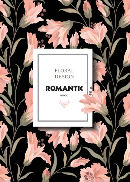 Florales Nahtloses Muster Blume Rosa Schwarzen Hintergrund Blühende Tapete Mit — Stockvektor