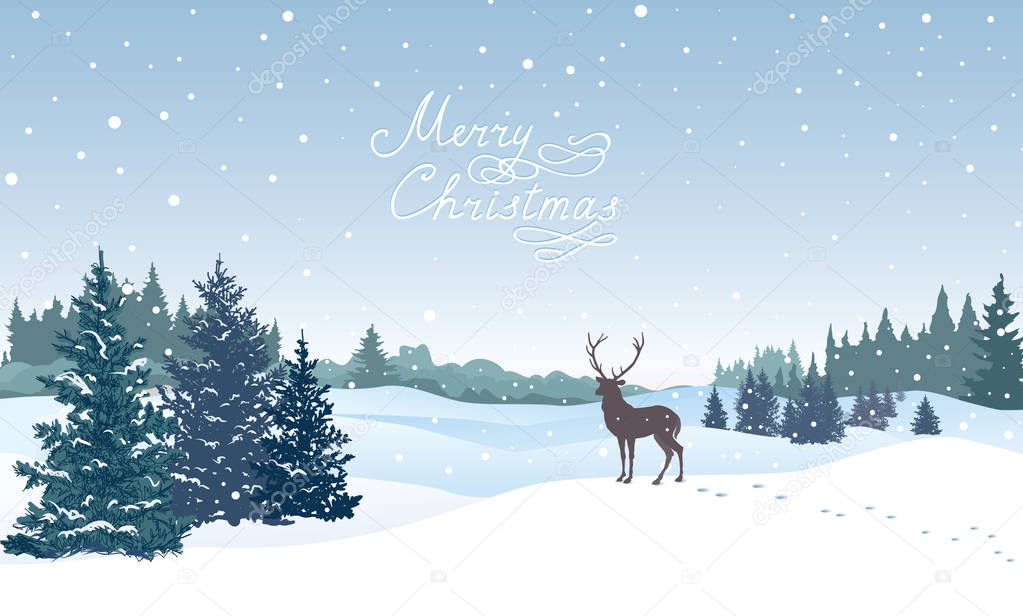 Christmas background. Snow winter landscape with deer. Retro Merry Christmas snowy skyline. Winter nature holiday snowfall view.