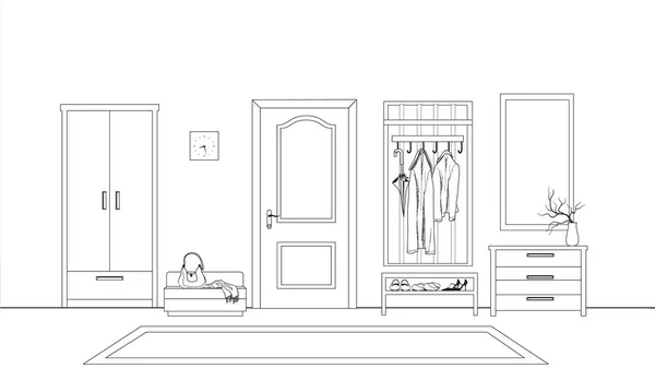 Home hallway interior view with door. Modern room with hall furn — Stock Illustration Home hallway interior view with door. Modern room with hall furn Vector Graphics
