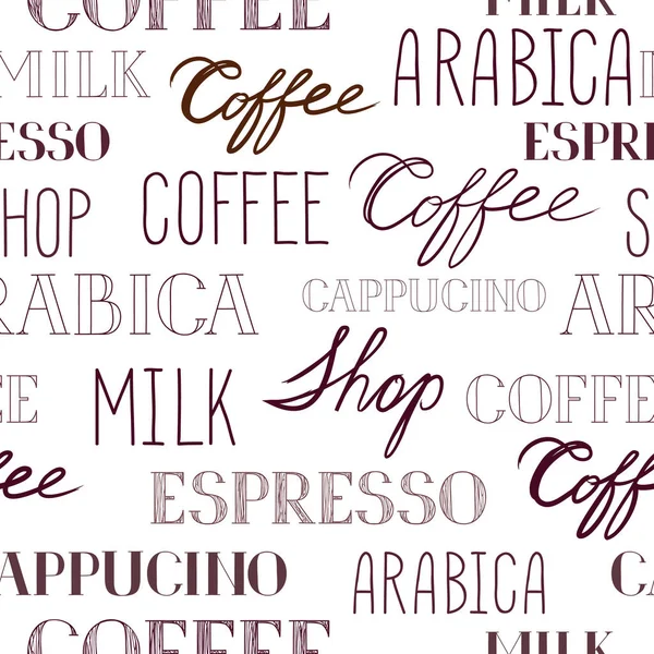 Patrón sin costuras de café. Fondo de la cafetería con letras COF — Vector de stock