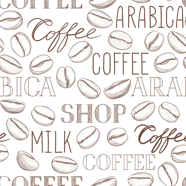 Coffee seamless pattern. Coffee beans and lettering COFFEE hand- — Stock Vector