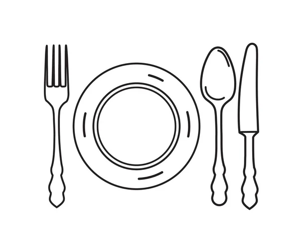 Set di posate. Piatto, forchetta, coltello, cucchiaio icona elementi di design. Lin. — Vettoriale Stock