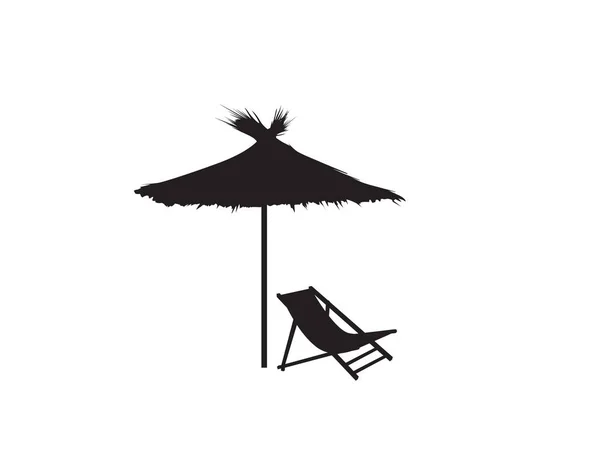 Chaise longue parasol été plage vacances symbole silhouette icône. Chaise longue, parasol isolé. Bain de soleil station balnéaire symbole des vacances — Image vectorielle