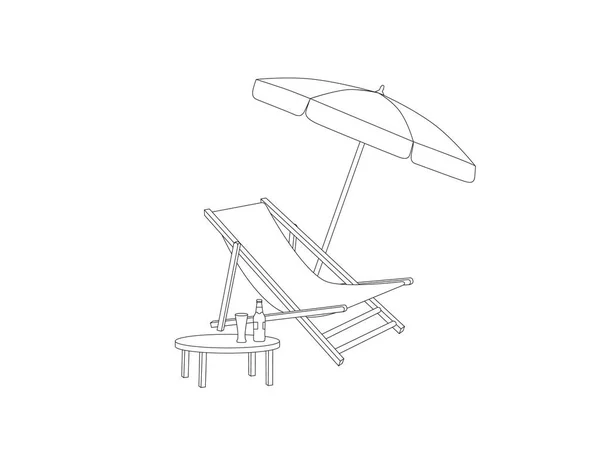 Chaise longue, mesa, sombrilla aislada. Deckchair bosquejo dibujo. Silla de cubierta, mesa, sombrilla-verano sol playa resort símbolo de las vacaciones — Archivo Imágenes Vectoriales