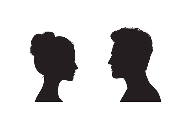 Duas caras silhueta. Casais de frente um para o outro. Jovem homem e mulher perfil romântico . — Vetor de Stock