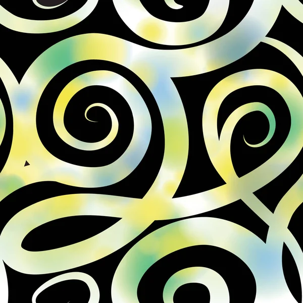 Abstrakte ornamentale Spirale nahtlose Muster. schwarzer Swirl Line Hintergrund mit verschwommenem Sommerhintergrund. — Stockvektor
