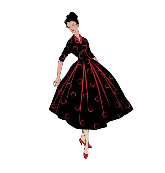 Stylish fashion dressed girls (1950\'s 1960\'s style): Retro fashion dress party. Summer clothes vintage woman fashion silhouette from 60s.