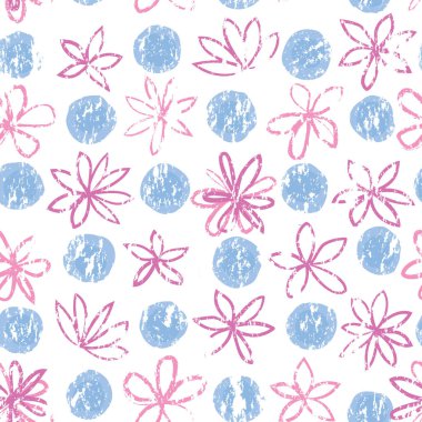 Puantiyeli ve çiçekli kusursuz çiçek deseni. Süslü, noktalı çiçek arkaplanı. Soyut desenli çember ve çiçek süsü. Beyazda izole edilmiş.