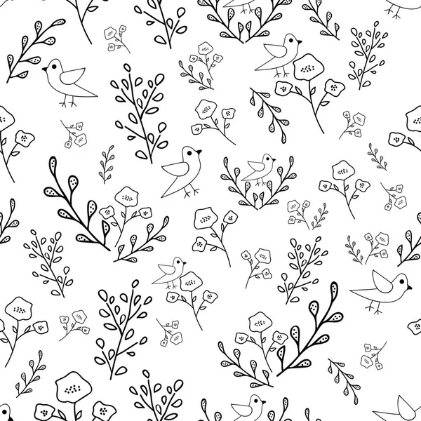 Black and white hand drawn flowers and birds seamless pattern. Whimsical design great for invitations, fabric, wallpaper, giftwrap, colouring pages. Surface pattern design.