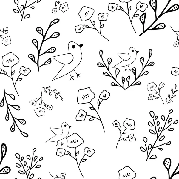 Black and white hand drawn flowers and birds seamless pattern. Whimsical design great for invitations, fabric, wallpaper, giftwrap, colouring pages. Surface pattern design.