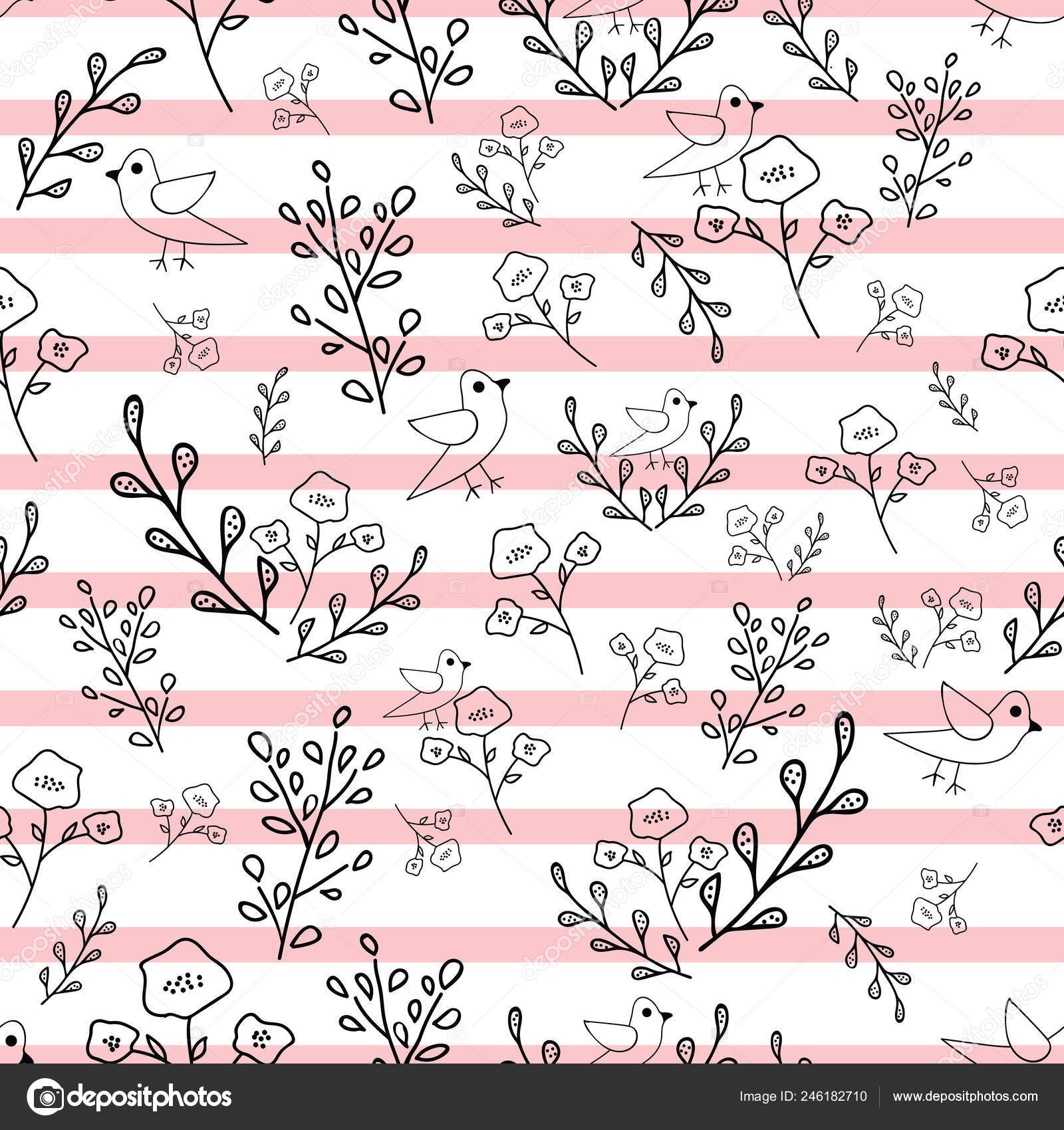 Black White Hand Drawn Flowers Birds Pink Stripes Background