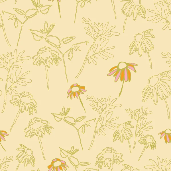 Hand drawn green branches and orange flowers on wheat color background seameless repeat.