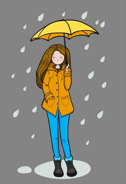 Young woman is enjoying rainy weather. — Stock Vector