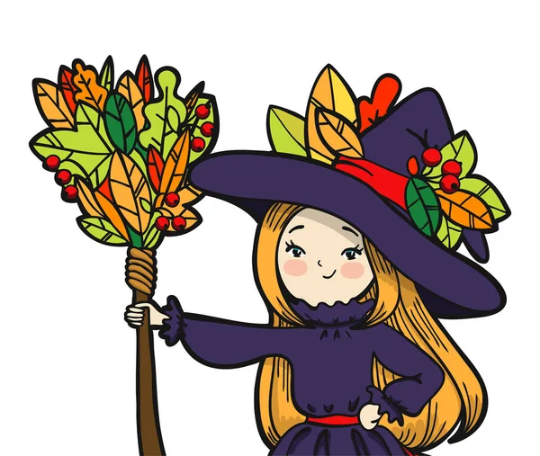 Cute little witch with a broom. — Stock Vector