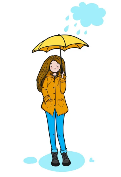 Young woman is enjoying rainy weather. — Stock Vector