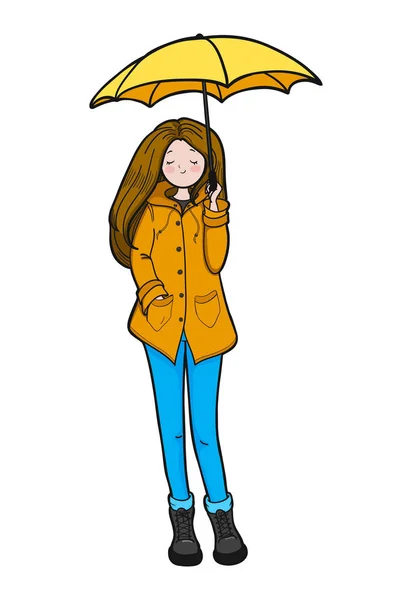 Young Woman Yellow Slicker Enjoying Weather Vector Illustration — Stock Vector