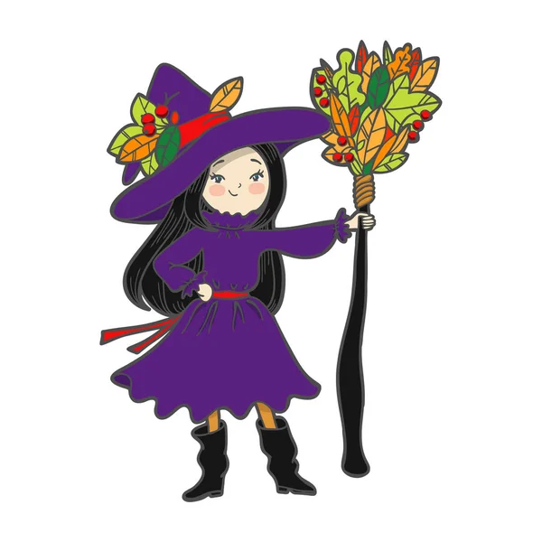 Cute little witch with a broom. — Stock Vector