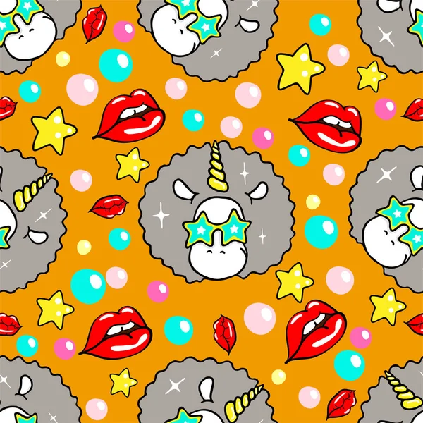 Vector seamless pattern with unicorn and lips.