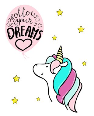 Küçük tek boynuzlu at ve balon. Hayallerinin peşinden.