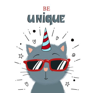 Güneş gözlüklü şirin kedicik. Benzersiz metin olarak.